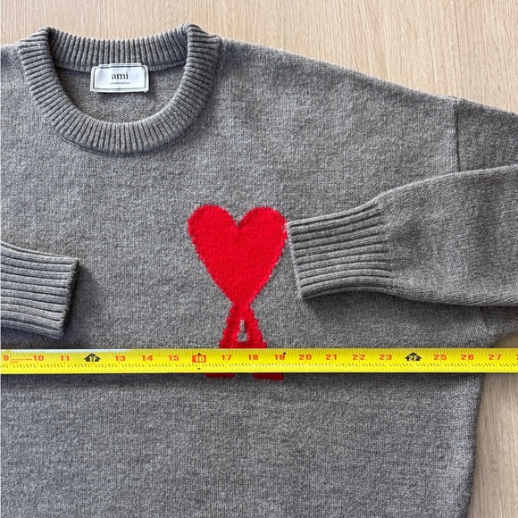 AMI Paris De Coeur Red Heart Intarsia Wool Sweater Grey Oversized Medium Unisex - Picture 13 of 15